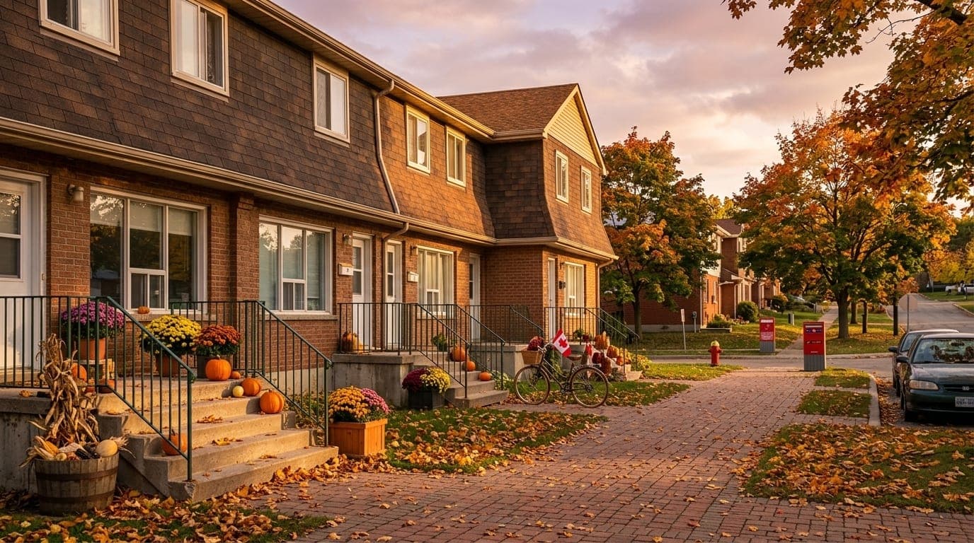 Brick townhome community at golden hour